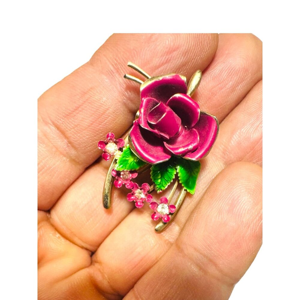 Vintage 3D Pink & Green Enamel Rose Brooch With Aurora Borealis Rhinestones